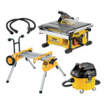 DeWalt 54 Volt Akku-Tischkreissäge 210 mm mit Untergestell , Trockensauger und AirLock Y-Adapter-Set