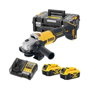 18V XR Winkelschleifer mit 2x5,0Ah Akkus, 125 mm Aufnahme und Motorbremse. Für mobile Trenn- und Schleifarbeiten im Metallbau.