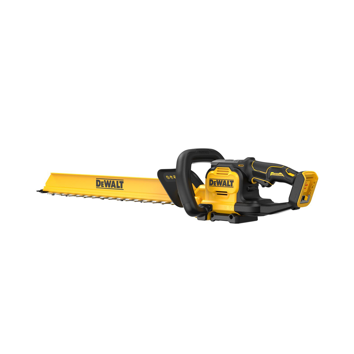 18V XR Akku-Heckenschere mit Brushless-Motor, 60 cm Schwert und 25 mm Schnittkapazität für professionelle Grünpflege.