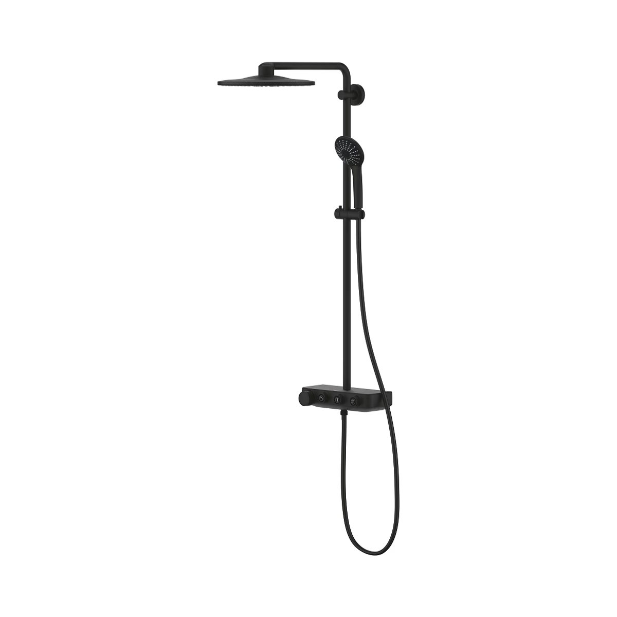 Schwarzes GROHE Duschsystem mit Thermostat und Kopfbrause