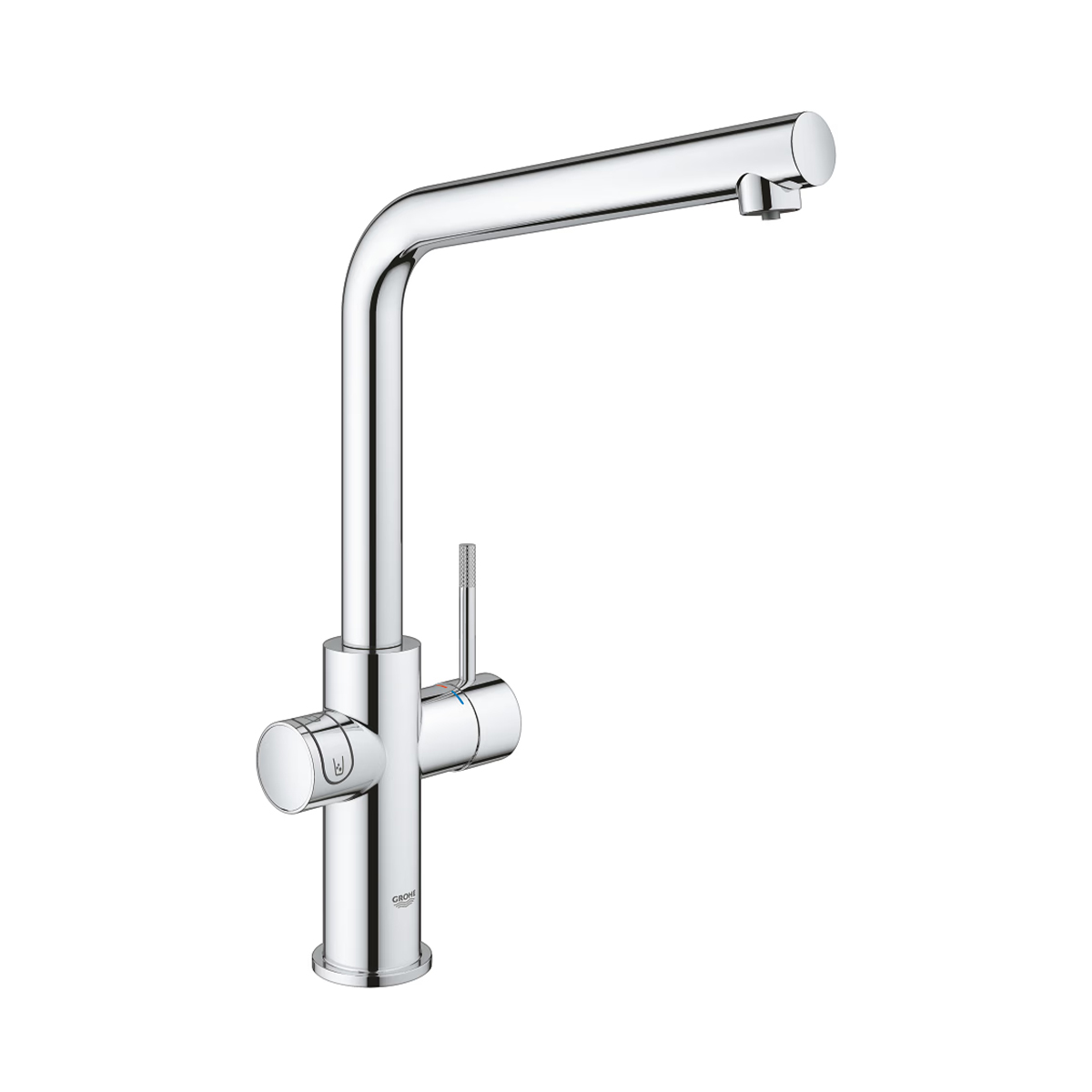 Verchromte GROHE Blue Küchenarmatur mit gefiltertem Sprudelwasser