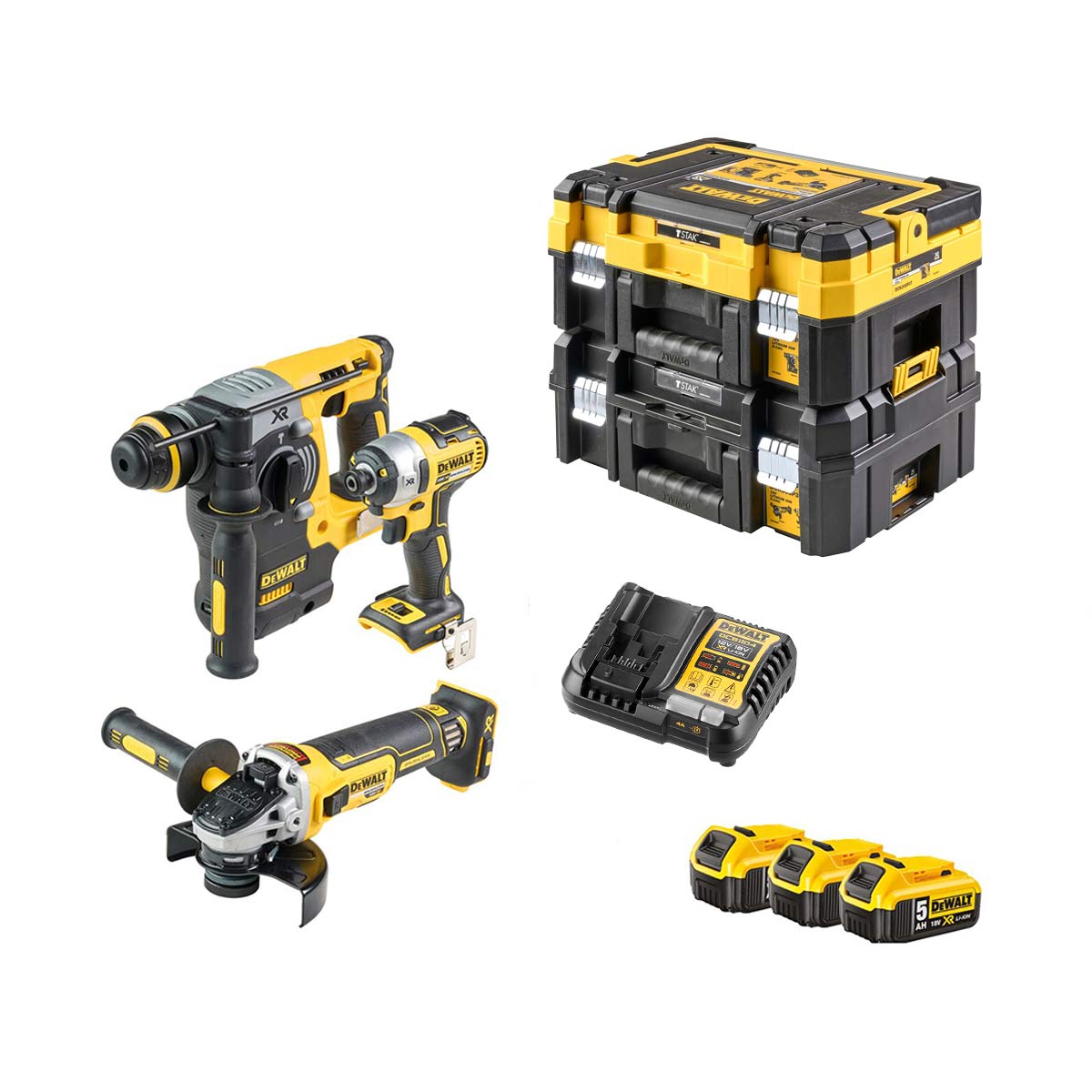 DeWalt DCK305P3T 18V Elektrowerkzeug Set DCH273N, DCF887N, DCG405N, 3x 5Ah Akkus, Ladegerät und TSTAK I und TSTAK II
