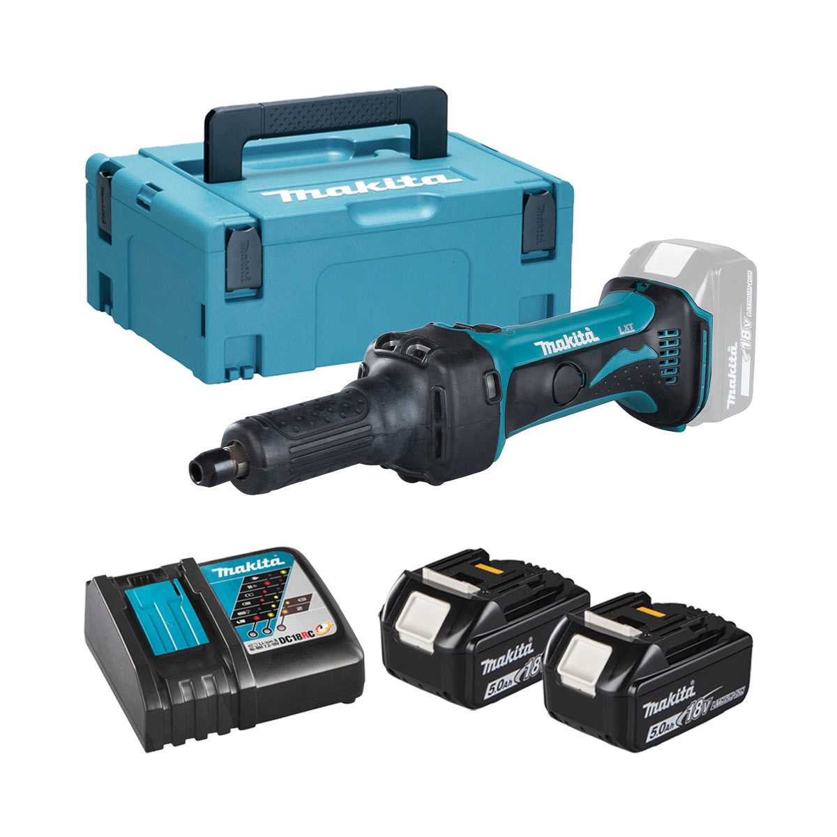 Makita DGD800RTJ 18-V-LXT Akku-Geradschleifer mit langer Schleifspindel