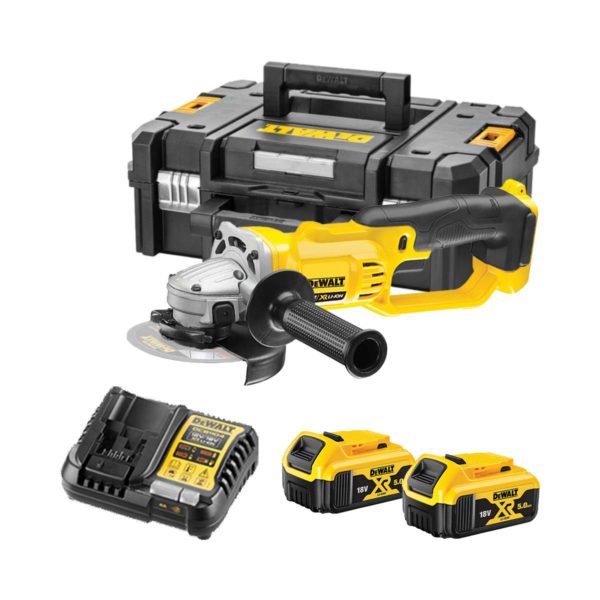 DeWalt 18V XR Akku-Winkelschleifer mit 2x 5Ah Batterien, Ladegerät und Koffer