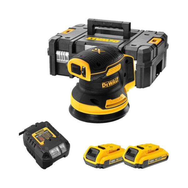 DeWalt 125 mm 18V Li-ion XR Bürstenloser Orbital Akku-Exzenterschleifer mit 2x 2 Ah Akkus, Ladegerät und Koffer