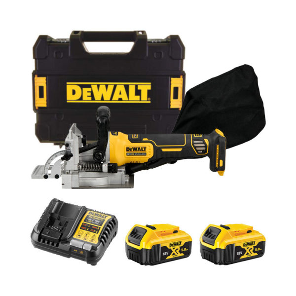 DeWalt DCW682P2 18V Flachdübelfräse mit 2X 5Ah Akkus, Ladegerät und Koffer