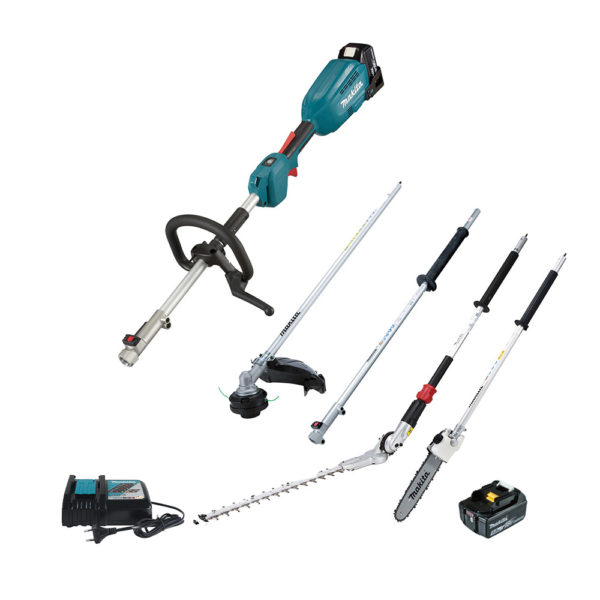 Makita 18V Akku-Multifunktionsantrieb LXT mit 2x 5 Ah Akkus, Schnellladegerät, Schaftverlängerung, Heckenscheren-, Motorsensen- und Hochentasteraufsatz