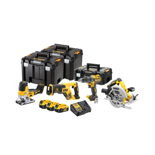 DeWalt 18V 4-Maschinen Elektrowerkzeugset mit 3x 5 Ah Akkus, Ladegerät und 3x Koffer