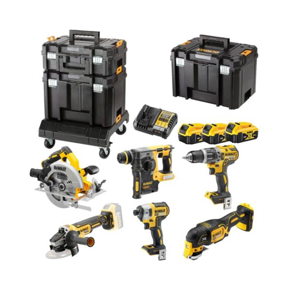 DeWalt 18V 6-Maschinen Kombiset mit 3x 5 Ah Akkus, Ladegerät, 3 Koffer und Cart