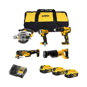 DeWalt 18V 5-Maschinen Elektrowerkzeugset mit 3x 5 Ah Akkus, Ladegerät und Tasche